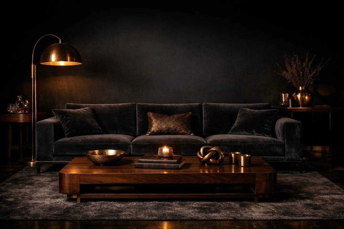 Phòng khách cao cấp tông tối với sofa nhung và đèn đồng